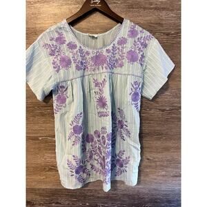 Layers Clothing Cotton Top Blouse Size Small embroidered Blue lilac Short Sleeve